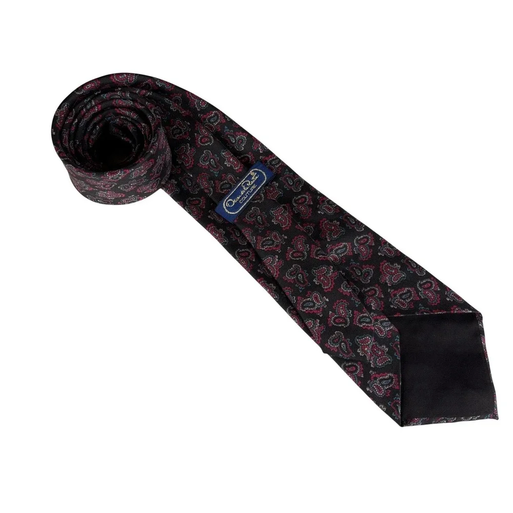 Oscar de la Renta Couture Mens Paisley Silk Tie Black Pink Blue Geometric Design